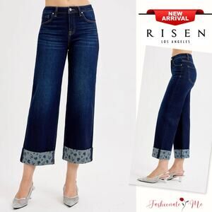 RISEN Mid Rise Waist Printed Cuffed Hem Dark Washed Cropped Wide Leg Denim Jeans
